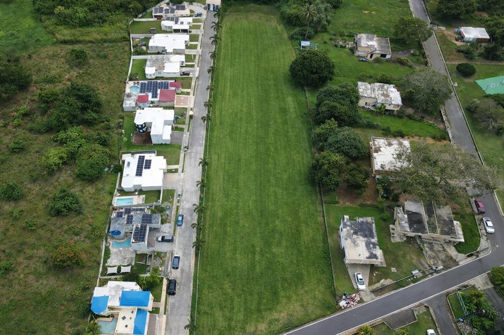 An aerial view shows a large, rectangular vacant grassy lot bordered by houses and roads — 1 PR-604 LOS RABANOS KM 3.4, MANATI, PR