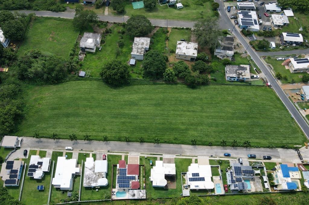 An aerial view shows a large, rectangular grassy lot situated between two residential streets — 1 PR-604 LOS RABANOS KM 3.4, MANATI, PR