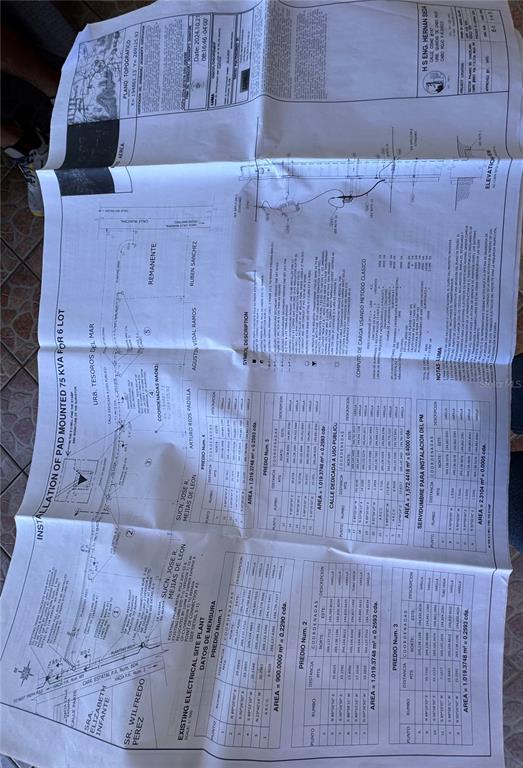 This image shows a detailed electrical site plan and survey map for a property — 1 PR-604 LOS RABANOS KM 3.4, MANATI, PR