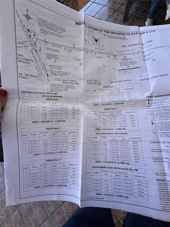 This image shows a technical site plan for an electrical installation on a property — 1 PR-604 LOS RABANOS KM 3.4, MANATI, PR