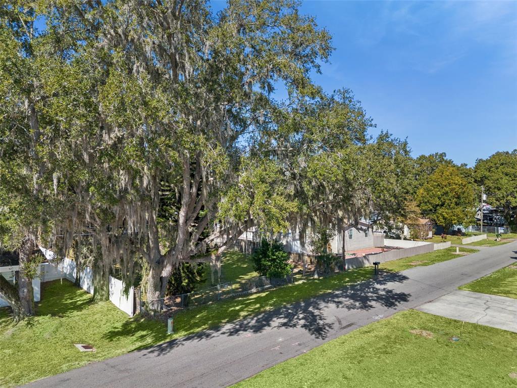 An aerial view shows a residential street with large oak trees and a fenced yard — 1724 EVERGREEN STREET, KISSIMMEE, FL