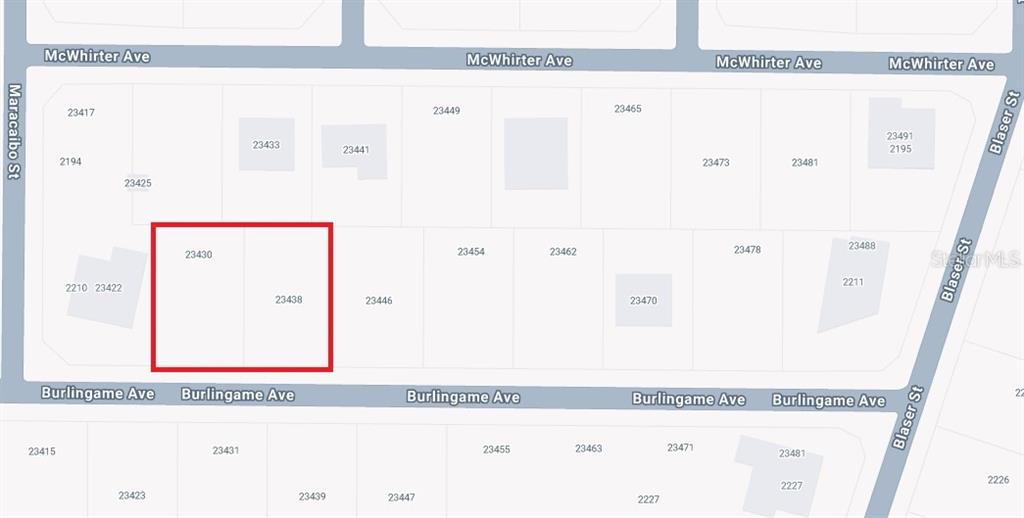 This image is a map showing property lot lines and addresses — 23430 BURLINGAME AVENUE, PUNTA GORDA, FL