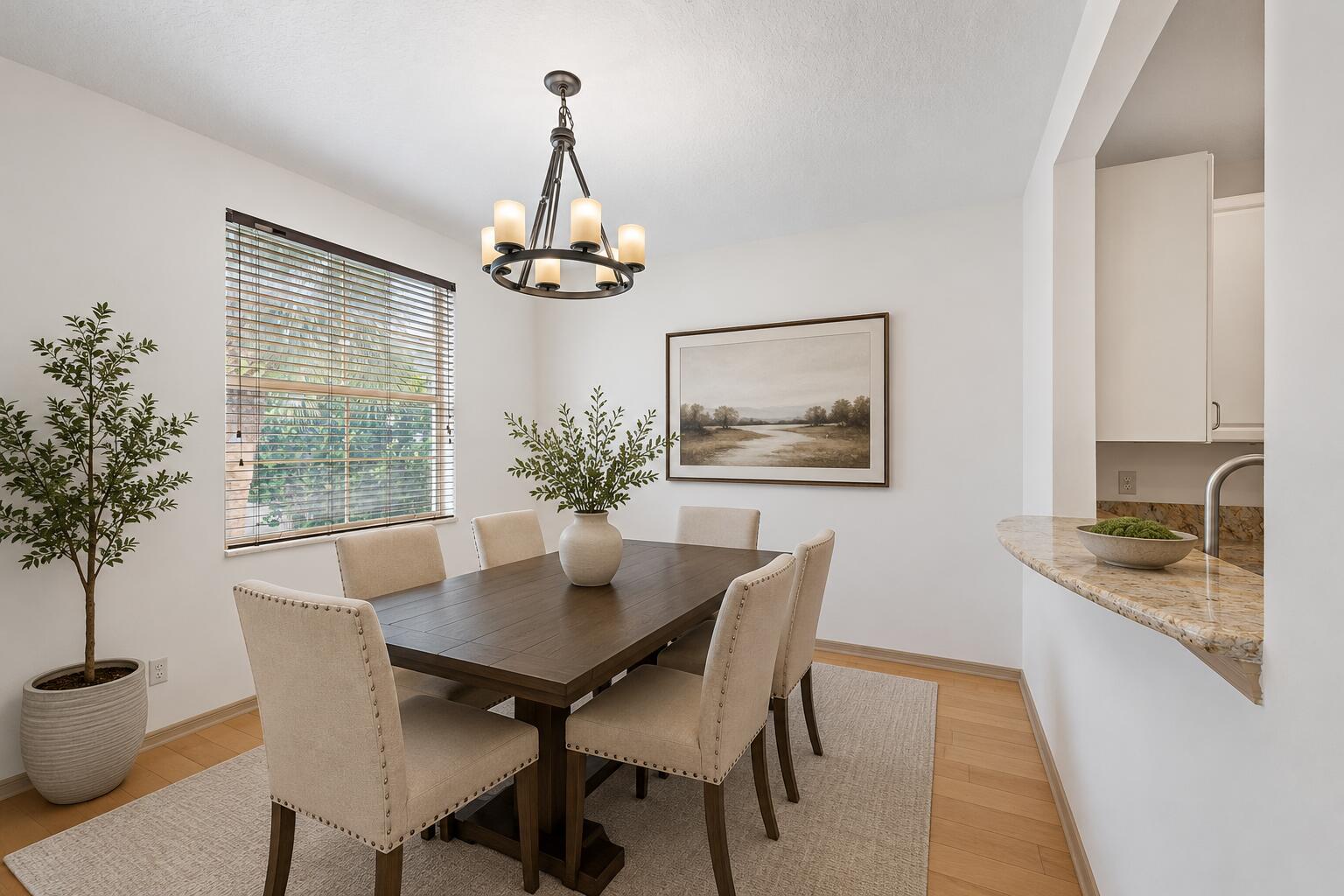 A dining room features a wooden table, six upholstered chairs, a chandelier, and a rug — 4316 Blowing Point Place, Jupiter FL 33458, JUPITER, FL
