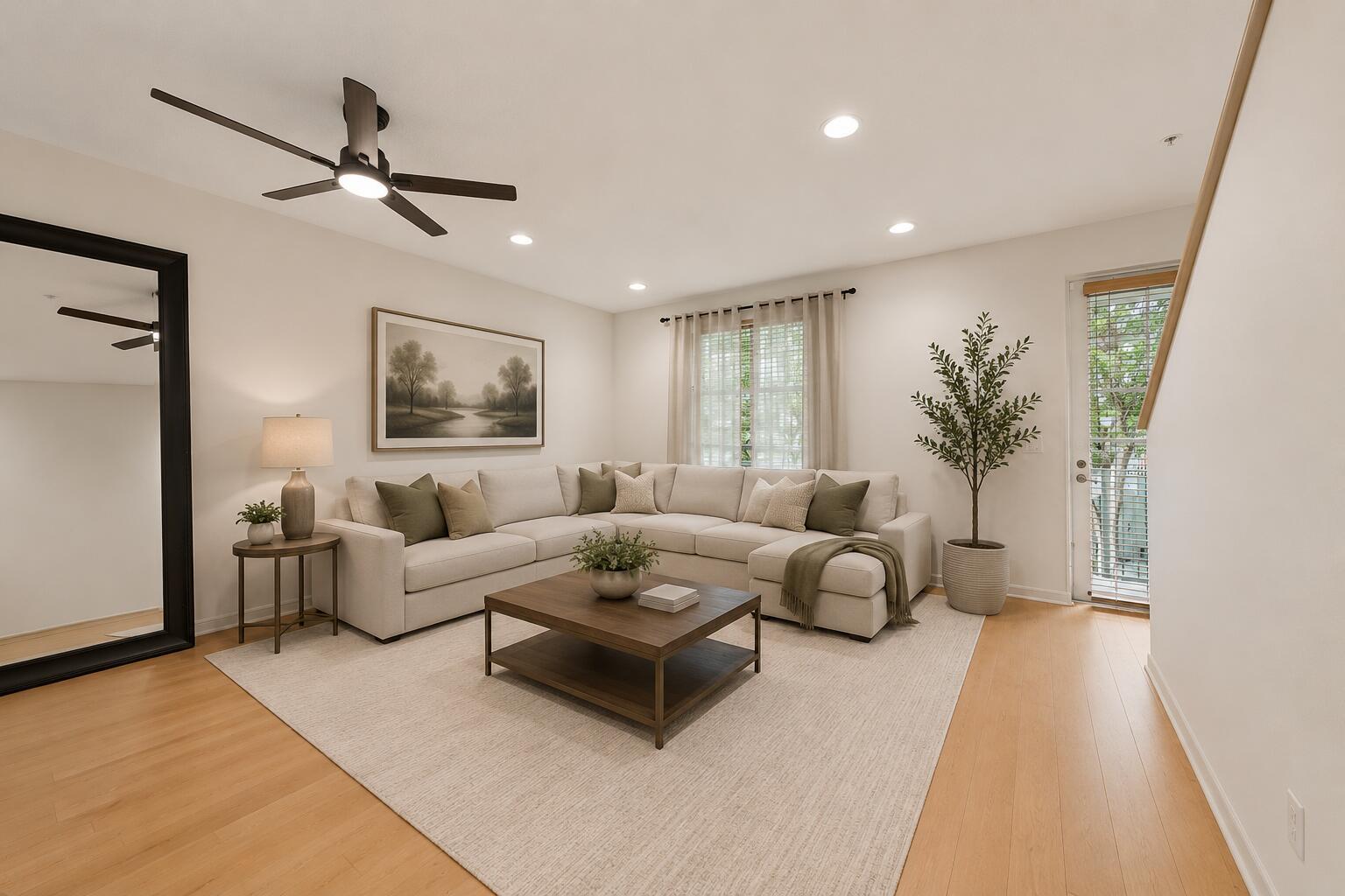 A living room features a beige sectional sofa, a wooden coffee table, and a large mirror — 4316 Blowing Point Place, Jupiter FL 33458, JUPITER, FL
