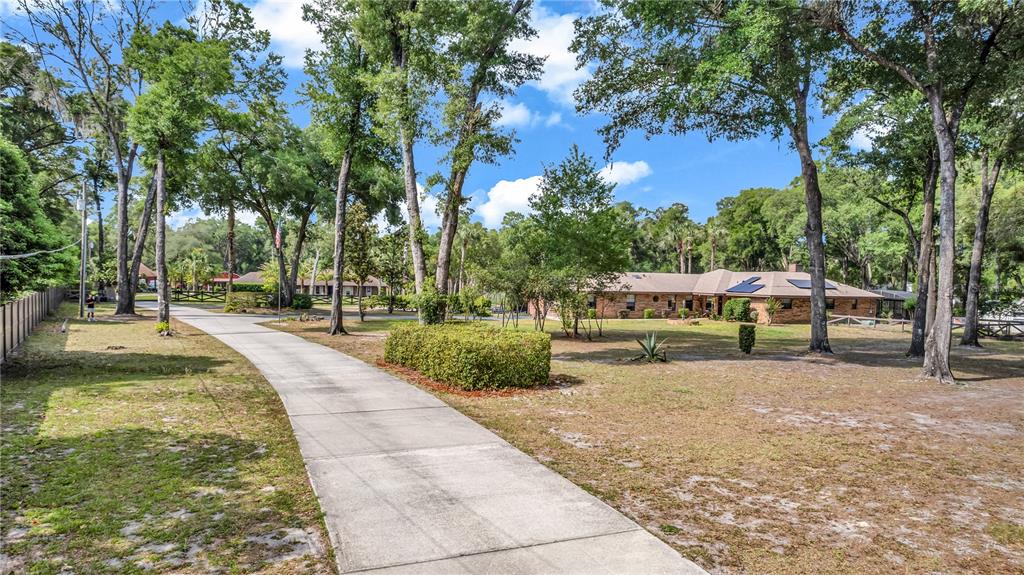 A long concrete driveway leads to a single-story brick house surrounded by mature trees — 721 MCGREGOR ROAD, DELAND, FL