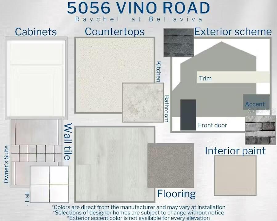 This design board displays interior and exterior finish selections for a new home construction project — 5056 VINO ROAD, AUBURNDALE, FL