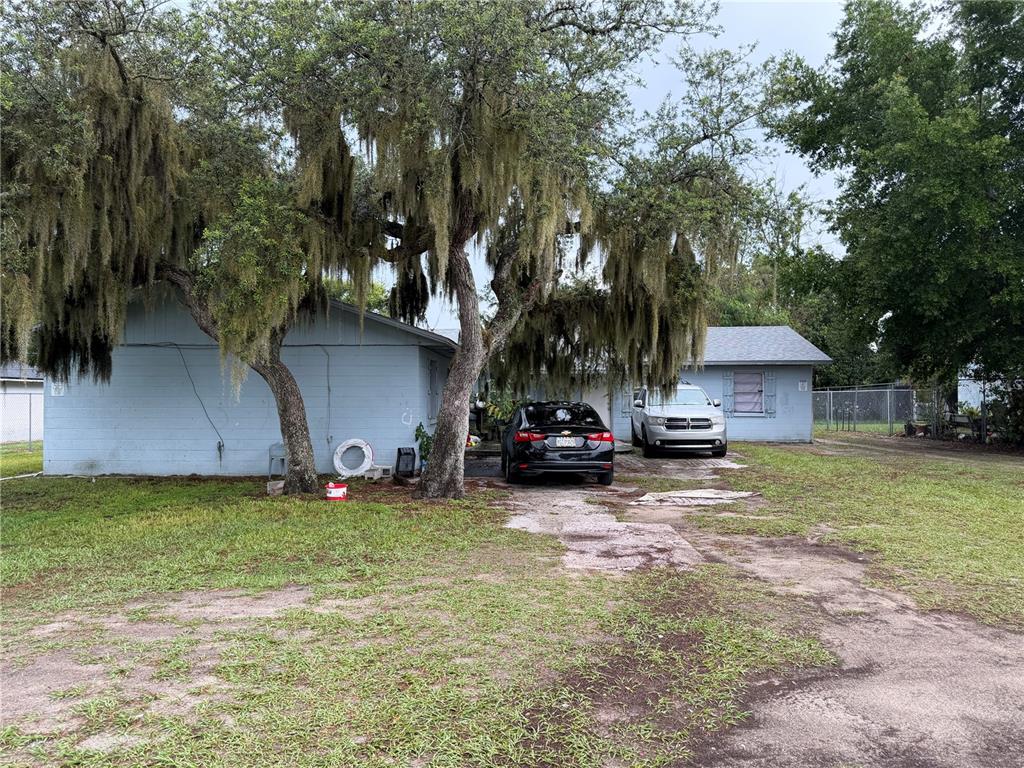 A light blue single-story house with a dirt driveway and large moss-covered trees — 4106 WILLOW SOUTH DRIVE, MULBERRY, FL