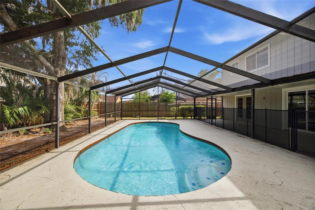 A swimming pool enclosed by a screened lanai sits in a backyard with trees — 1441 MONTE LAKE DRIVE, VALRICO, FL
