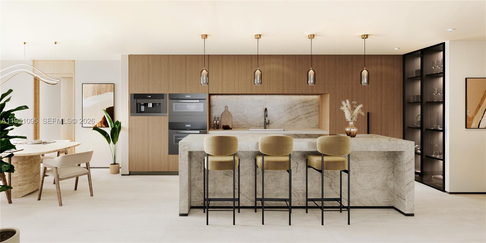 This is a rendering of a modern kitchen featuring a stone island and wood cabinetry — 1160 101 St # 302, Bay Harbor Islands FL 33154, BAY HARBOR ISLANDS, FL