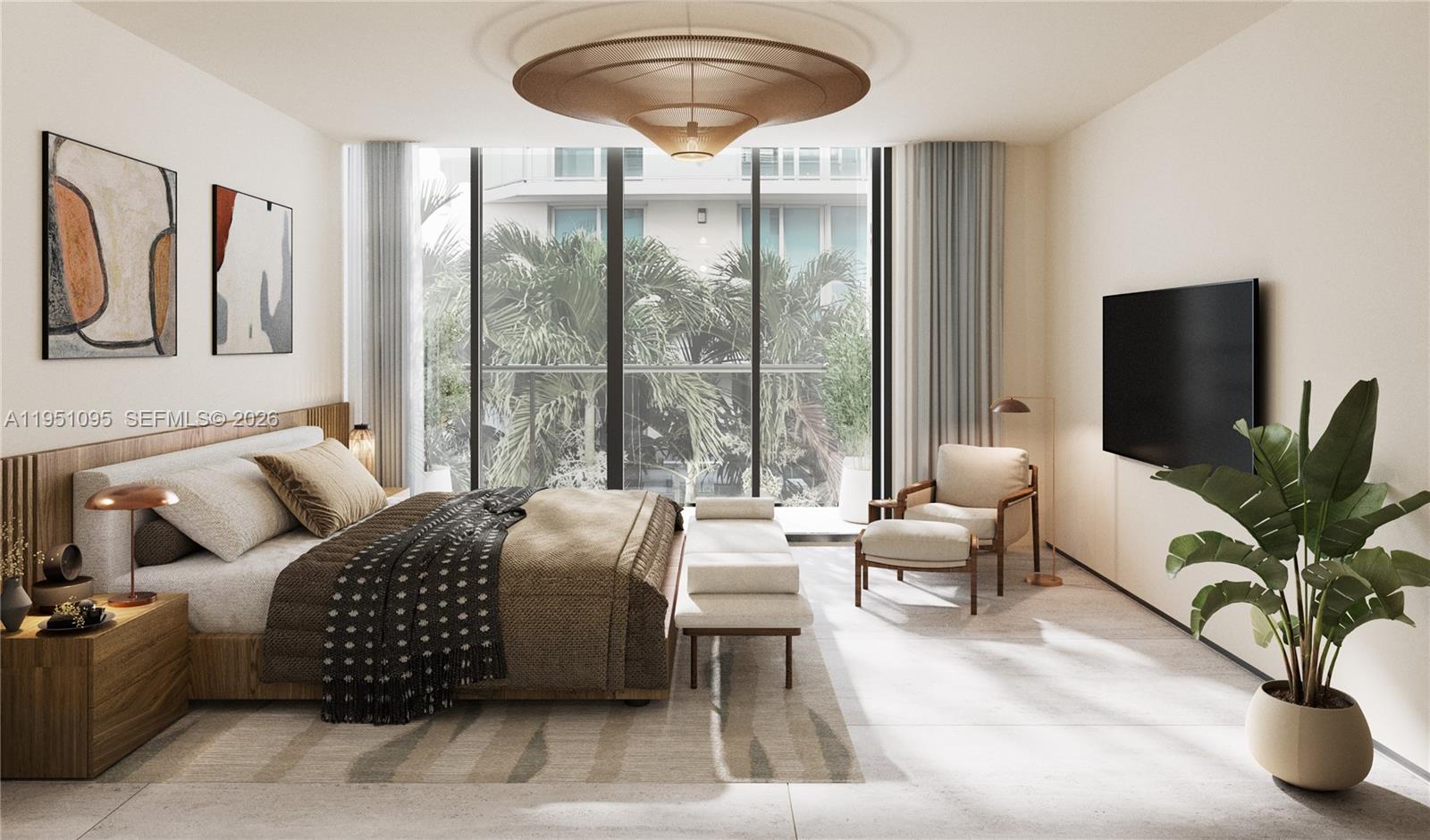 This rendering shows a modern bedroom with a bed, seating area, and floor-to-ceiling windows — 1160 101 St # 302, Bay Harbor Islands FL 33154, BAY HARBOR ISLANDS, FL