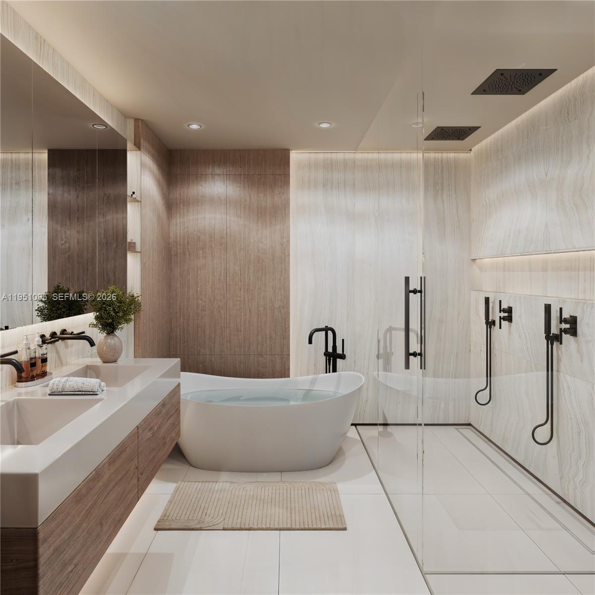 This rendering shows a modern bathroom with a freestanding tub, glass shower, and wood accents — 1160 101 St # 302, Bay Harbor Islands FL 33154, BAY HARBOR ISLANDS, FL
