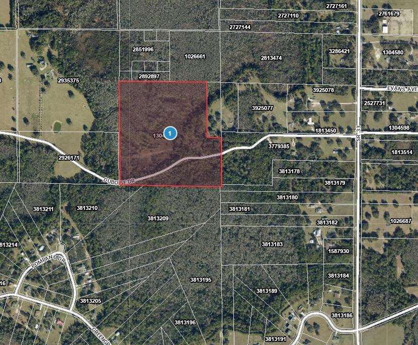 This is an aerial map showing a highlighted parcel of land and surrounding properties — Tbd Duboise Drive, Clermont FL 34736, CLERMONT, FL