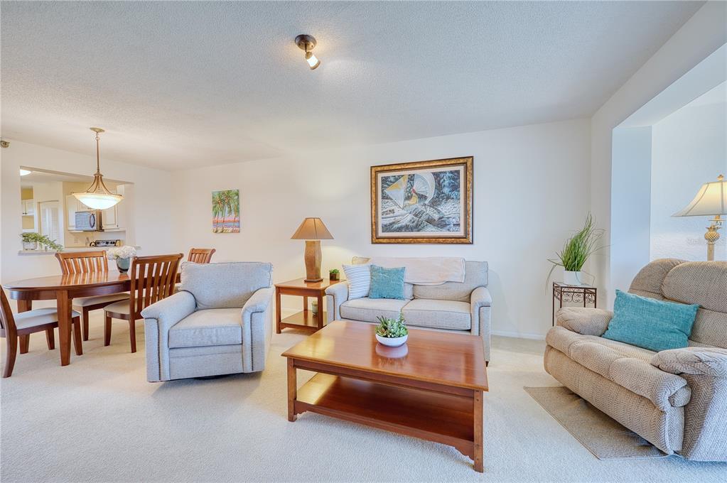 A living room with beige carpet, a wooden coffee table, and a dining area nearby — 3780 PINEBROOK CIRCLE UNIT 504, BRADENTON, FL