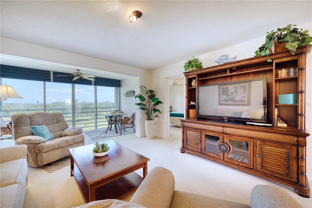 A living room features a large wooden entertainment center, beige carpeting, and a glass-enclosed balcony — 3780 PINEBROOK CIRCLE UNIT 504, BRADENTON, FL
