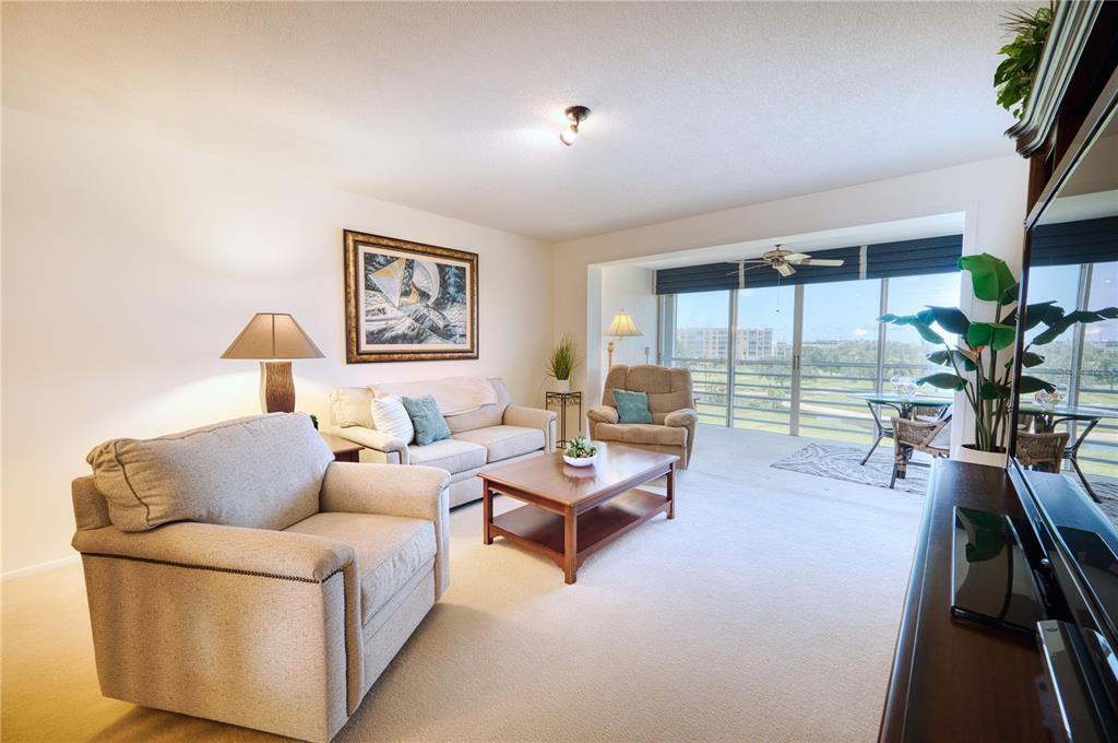 A living room features beige carpet, neutral furniture, a coffee table, and a glass-enclosed balcony — 3780 PINEBROOK CIRCLE UNIT 504, BRADENTON, FL