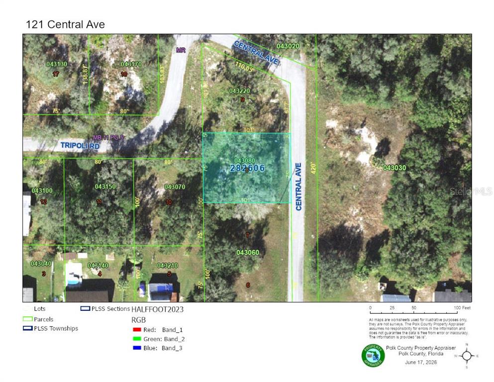 This is a property map showing parcel boundaries and lot dimensions in Polk County, Florida — 121 CENTRAL AVENUE, DAVENPORT, FL
