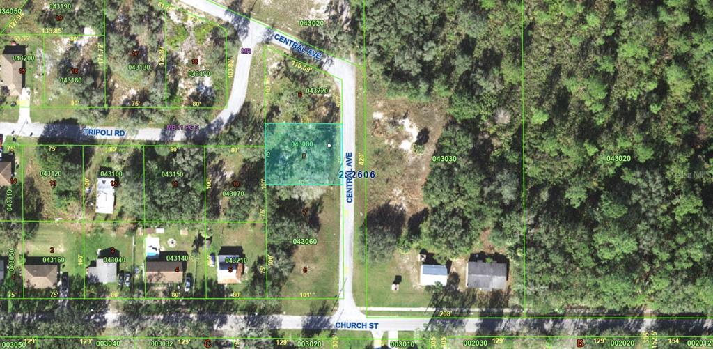 This is an aerial map showing a vacant residential lot highlighted in blue near a road — 121 CENTRAL AVENUE, DAVENPORT, FL