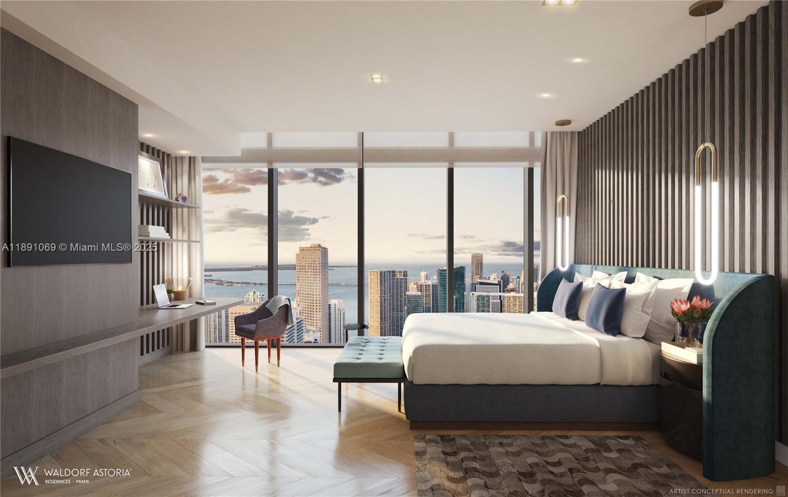 This artist conceptual rendering shows a modern bedroom with floor-to-ceiling windows overlooking a city skyline — 300 N Biscayne Blvd # 4408, Miami FL 33132, MIAMI, FL