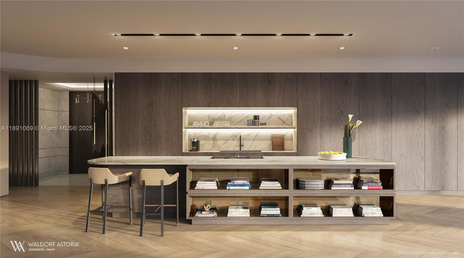 This is a rendering of a modern kitchen featuring a large island with integrated shelving — 300 N Biscayne Blvd # 4408, Miami FL 33132, MIAMI, FL