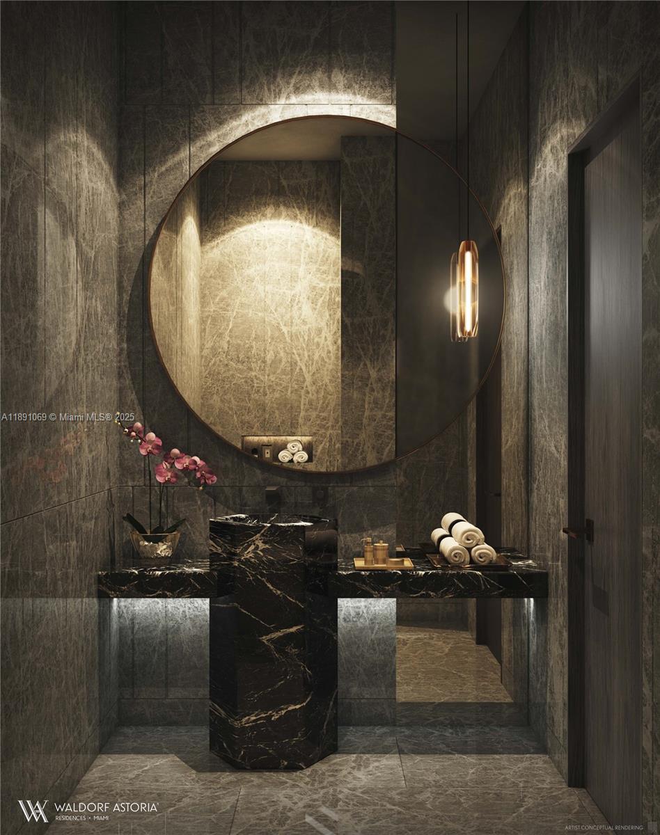 This is a rendering of a modern bathroom featuring dark marble surfaces and a pedestal sink — 300 N Biscayne Blvd # 4408, Miami FL 33132, MIAMI, FL