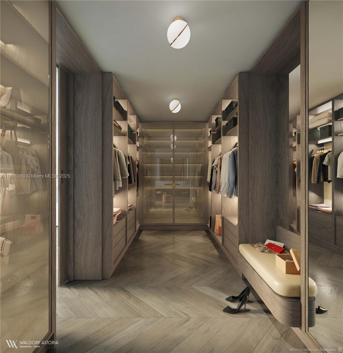 This is an artist conceptual rendering of a modern walk-in closet with wood cabinetry — 300 N Biscayne Blvd # 4408, Miami FL 33132, MIAMI, FL