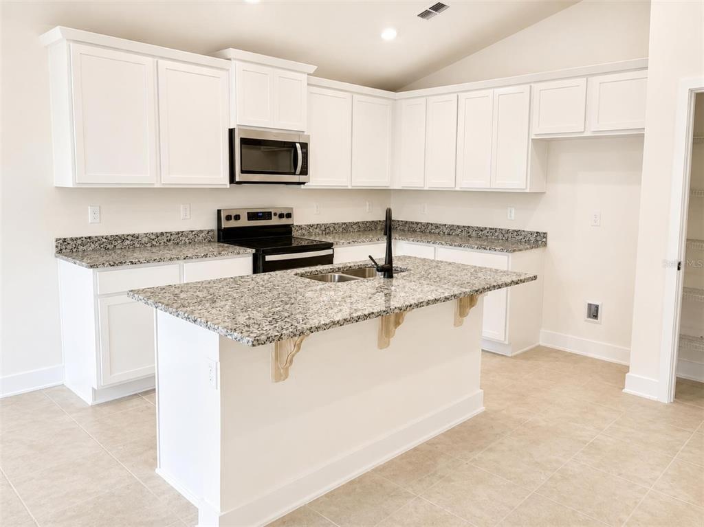 A kitchen features white cabinets, granite countertops, a central island, and stainless steel appliances — 1635 ANN ROSE WAY, LEESBURG, FL