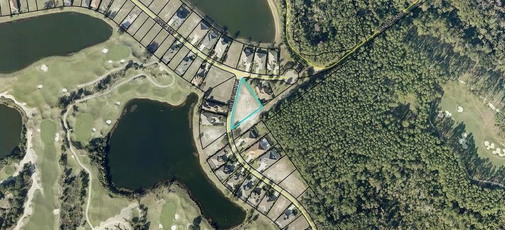 This is an aerial map showing a vacant residential lot outlined in blue — 515 SWEETGUM LANE LANE, PALM COAST, FL