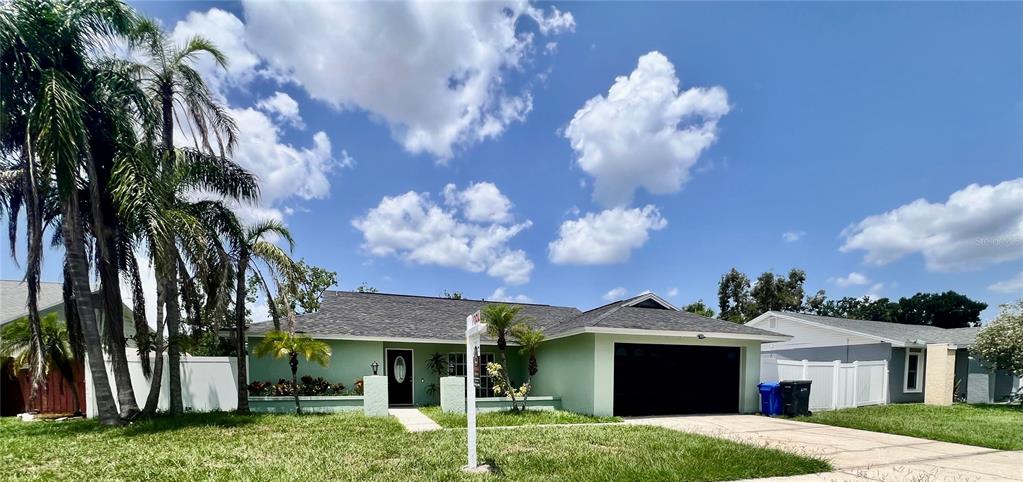 A light green single-story house with a dark roof and a two-car garage — 10902 WINGATE DRIVE, TAMPA, FL
