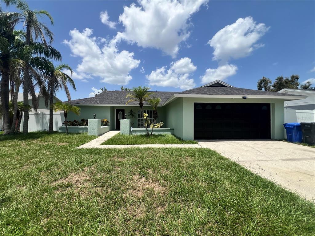 A single-story house with a light green exterior, a dark garage door, and palm trees — 10902 WINGATE DRIVE, TAMPA, FL