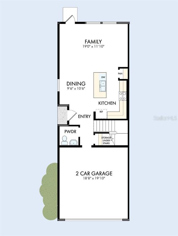 This is a floor plan of a home's ground level featuring a garage and open-concept living — 6422 JENSEN VIEW AVENUE, APOLLO BEACH, FL