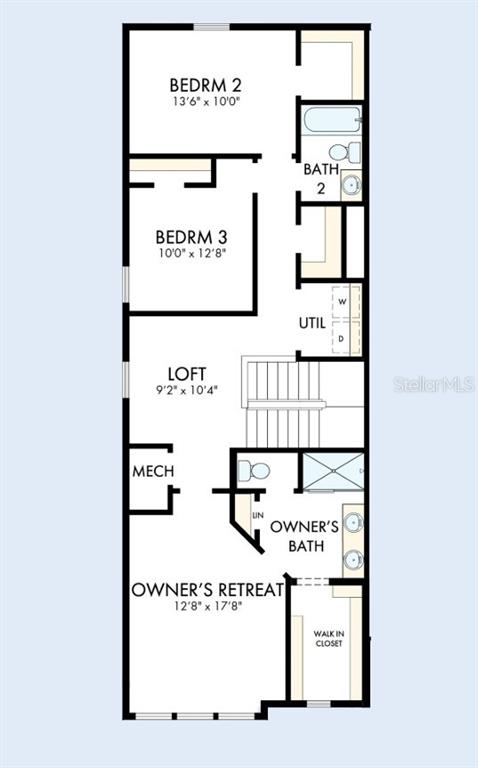 This is a floor plan showing the layout of an upper level with three bedrooms — 6422 JENSEN VIEW AVENUE, APOLLO BEACH, FL