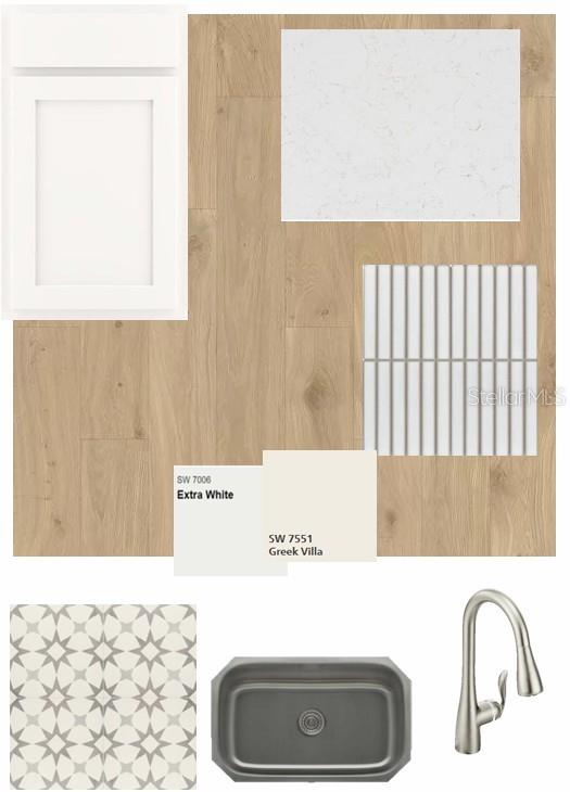 This is a digital design board showing kitchen finish samples including cabinetry, flooring, and hardware — 6422 JENSEN VIEW AVENUE, APOLLO BEACH, FL