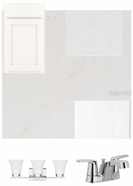 This is a digital rendering of interior design finishes, including cabinetry, countertop, lighting, and faucet — 6422 JENSEN VIEW AVENUE, APOLLO BEACH, FL