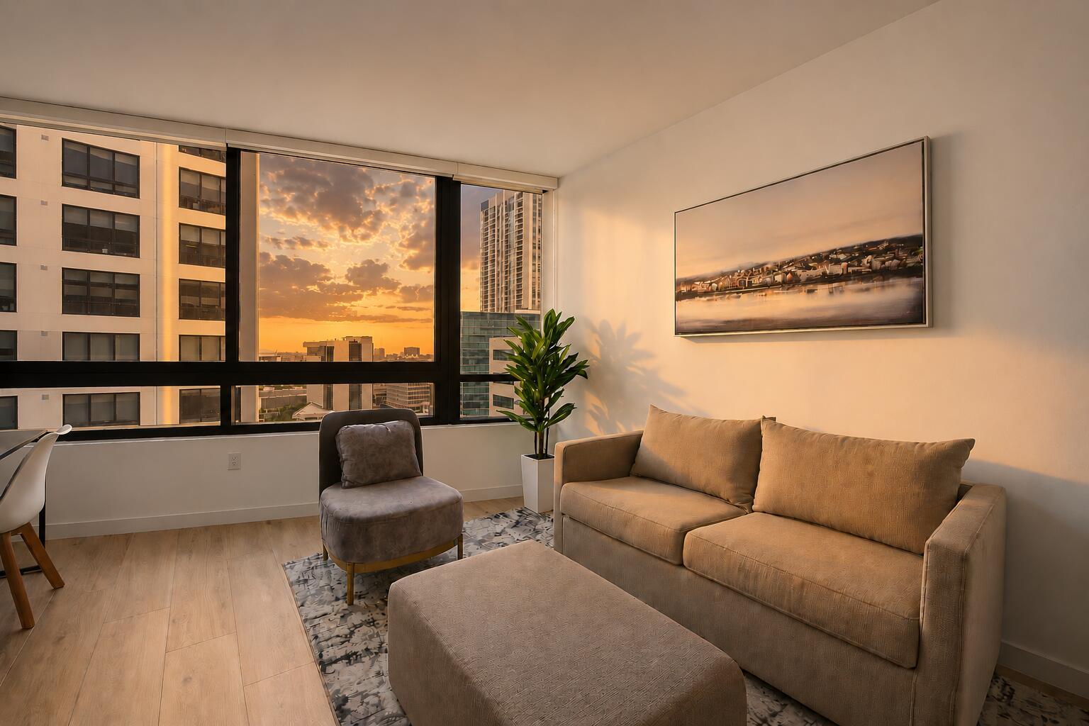 A modern living room features a beige sofa, an armchair, and floor-to-ceiling windows with sunset views — 225 N Miami Avenue # 2002, Miami FL 33128, MIAMI, FL
