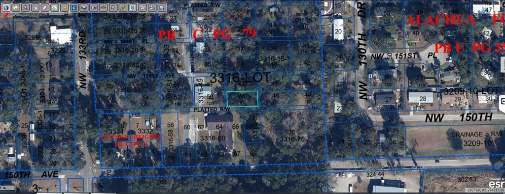 This is an aerial map showing property lot lines and parcel numbers in a residential area — ALACHUA LEROYS ADDITION TO, ALACHUA, FL