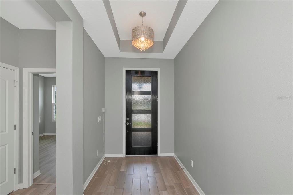 An entryway features gray walls, wood-look tile flooring, a black front door, and a tray ceiling — 14941 BARROWS BLUFF TERRACE, BRADENTON, FL
