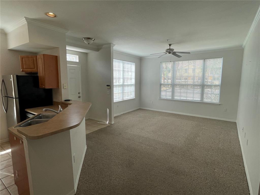 An open-concept living room with carpeted flooring, a ceiling fan, and an adjacent kitchen area — 5500 ROSEHILL ROAD UNIT 103, SARASOTA, FL