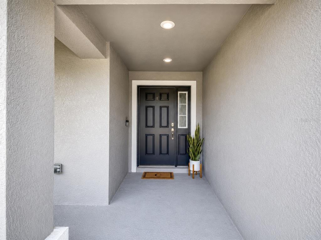 A covered entryway features a dark gray front door with a side window and plant — 1002 PAISLEY STREET, LAKE ALFRED, FL