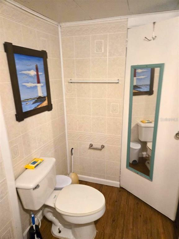 A small bathroom features a white toilet, tiled walls, a framed lighthouse painting, and a mirror — 25309 BARTHOLOMEW STREET, CHRISTMAS, FL