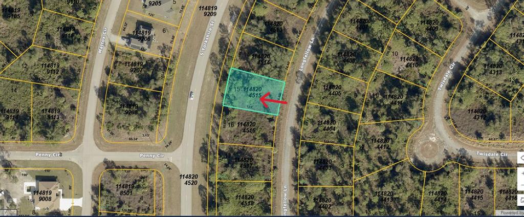 This is an aerial map showing a highlighted vacant lot located between two residential streets — LONGFELLOW LANE, NORTH PORT, FL