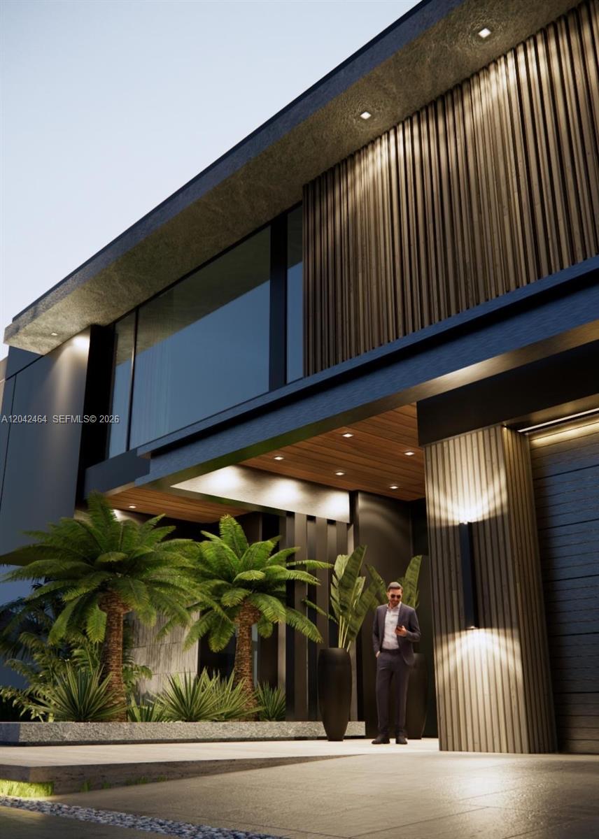 This is a rendering of a modern home exterior featuring wood paneling and palm trees — 496 Holiday Dr, Hallandale Beach FL 33009, HALLANDALE BEACH, FL