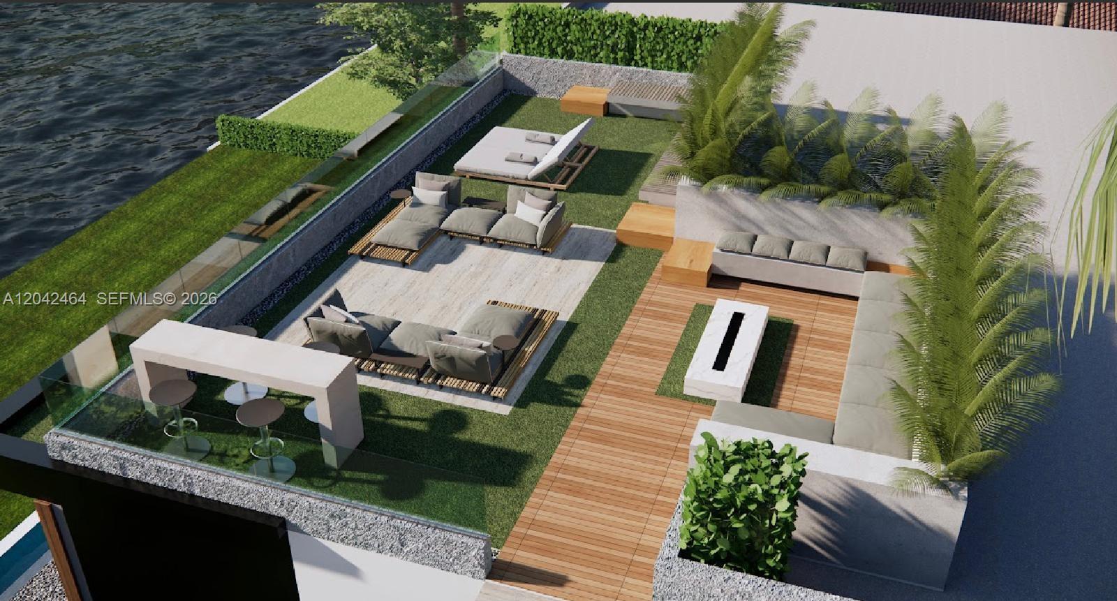 This rendering shows an outdoor patio area with lounge seating, a fire pit, and landscaping — 496 Holiday Dr, Hallandale Beach FL 33009, HALLANDALE BEACH, FL