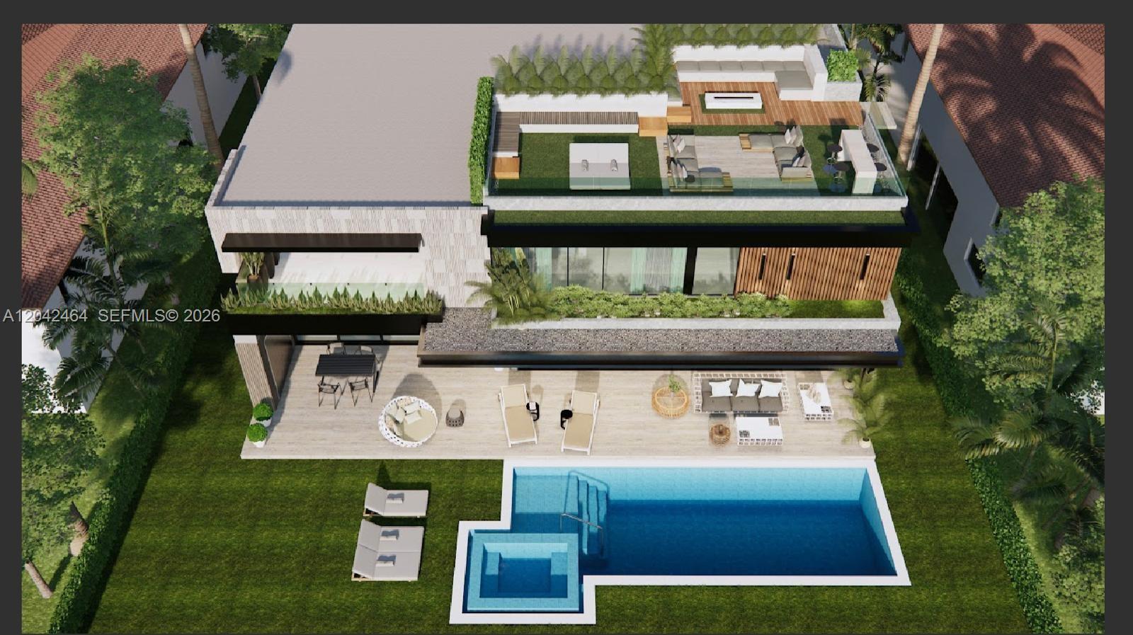 This architectural rendering shows a modern house with a rooftop terrace, pool, and backyard patio — 496 Holiday Dr, Hallandale Beach FL 33009, HALLANDALE BEACH, FL