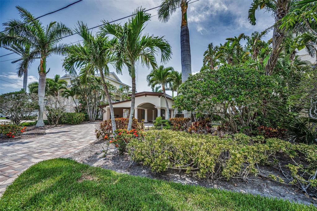 A paved driveway leads to a covered entrance surrounded by lush tropical landscaping and palms — 52 N PINE CIRCLE, BELLEAIR, FL