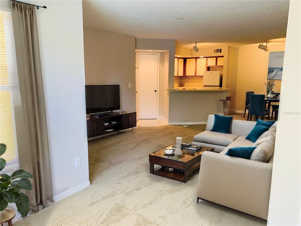 A living room with beige carpet, a white sofa, a coffee table, and a television — 4572 COMMANDER DRIVE UNIT 1226, ORLANDO, FL