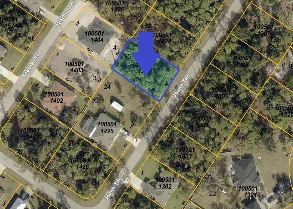 This is an aerial map showing a highlighted vacant lot located along a residential street — JOANN TERRACE, NORTH PORT, FL