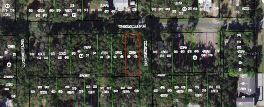 This is a map showing a rectangular parcel of land highlighted in red — 6344 W CRYSTAL HEIGHTS DEV/SEC 1 LANE, CRYSTAL RIVER, FL