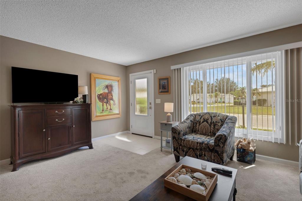A living room features a dark wood media console, patterned armchair, and a large window — 1306 BOTTLEBRUSH DRIVE, BRADENTON, FL