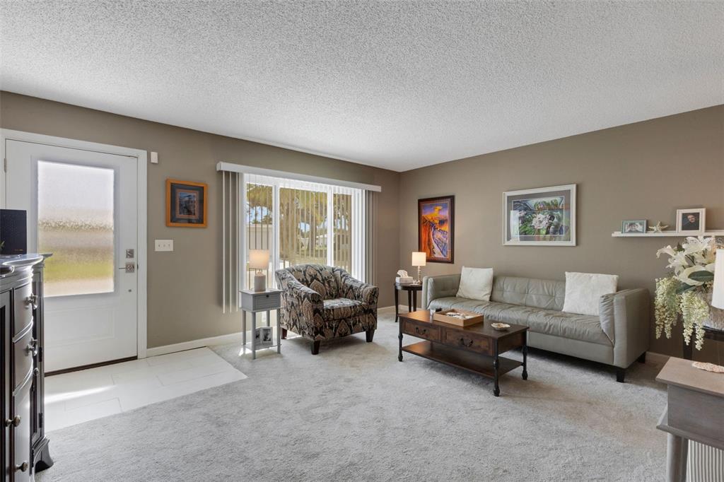 A living room features a gray sofa, patterned armchair, coffee table, and beige carpeted floors — 1306 BOTTLEBRUSH DRIVE, BRADENTON, FL