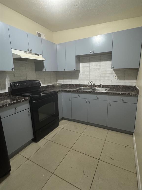 A kitchen features blue cabinets, a black stove, a double sink, and tiled flooring — 1216 LAWNE BOULEVARD, ORLANDO, FL